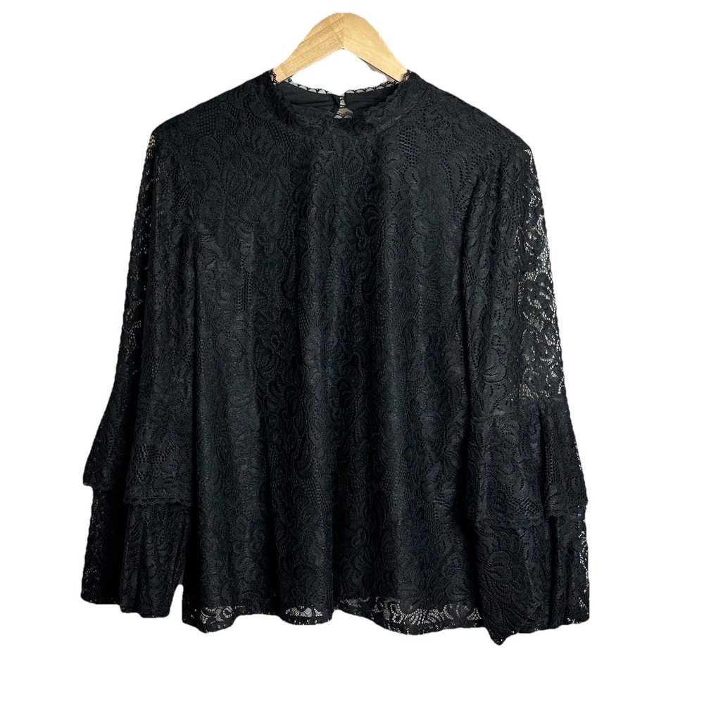 Laundry By Shelli Segal Womens Large Black Lace Blouse Long Sleeve Pullover NWOT